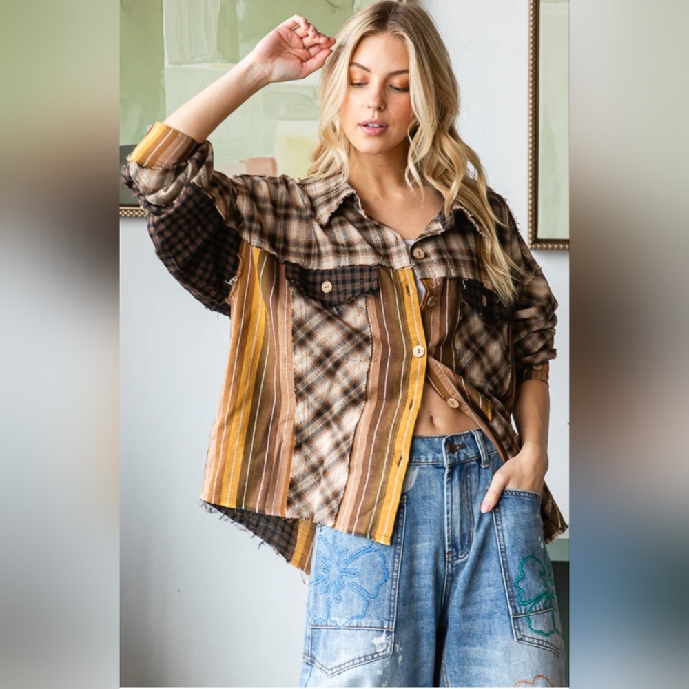 🐧#896 Oli & Hali WASHED PLAID STRIPE MIXED BUTTON DOWN SHIRT